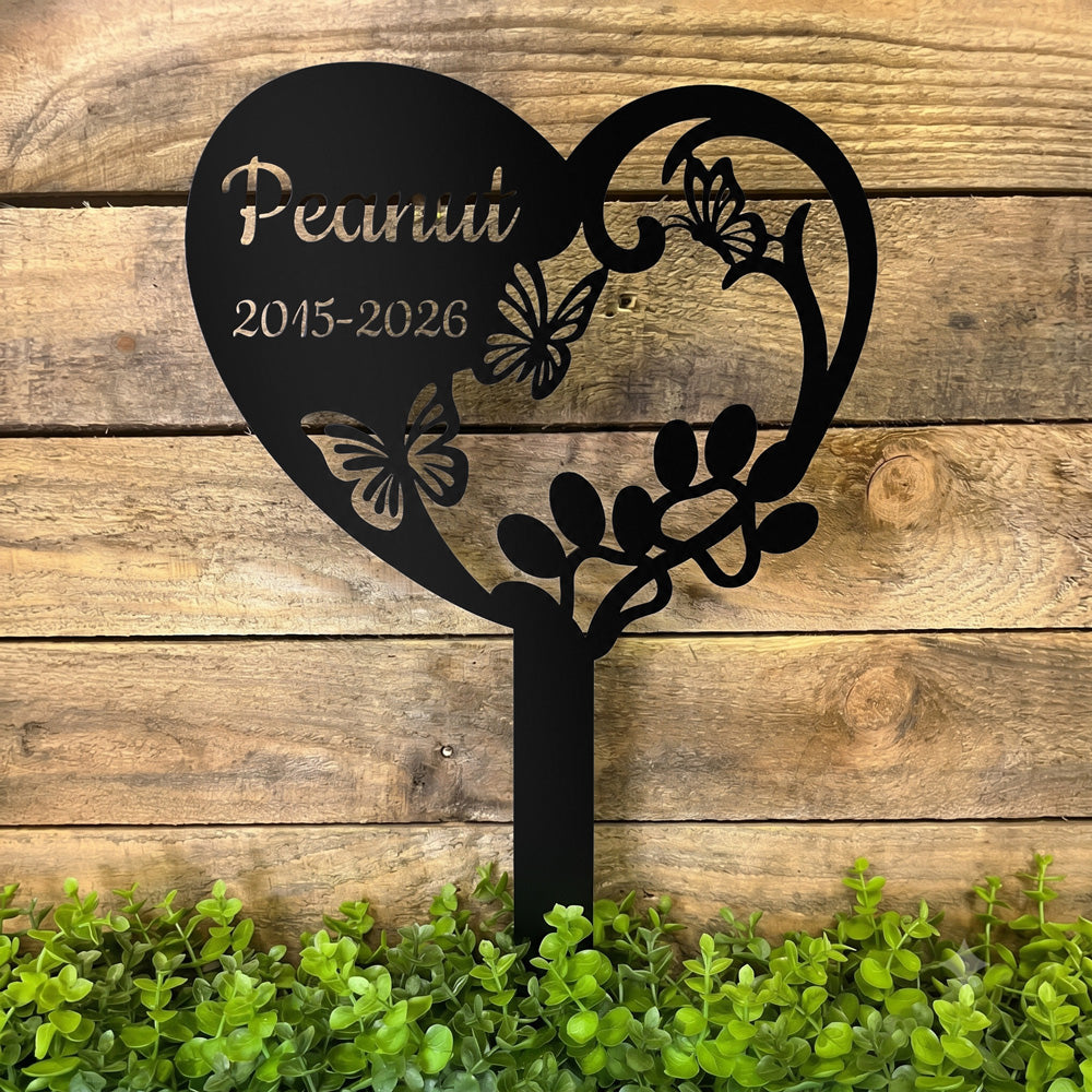 Custom Butterfly Heart Paw Print Pet Memorial Stake Grave Marker