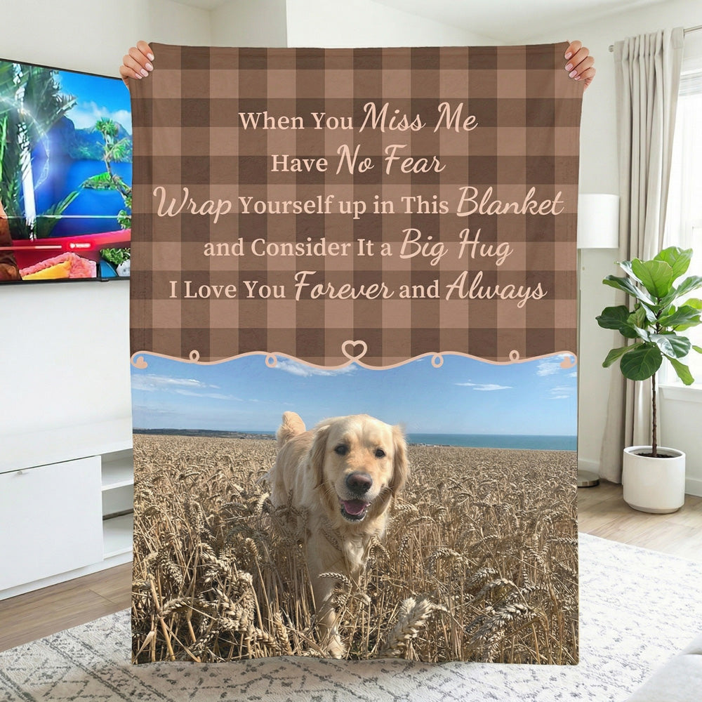 Custom Pet Photo Memorial Blanket | Classic Plaid & Warm Hug Quote