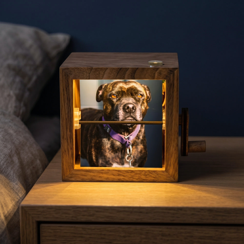 Personalized Hand Crank Wood Flip Photo Box for Pet