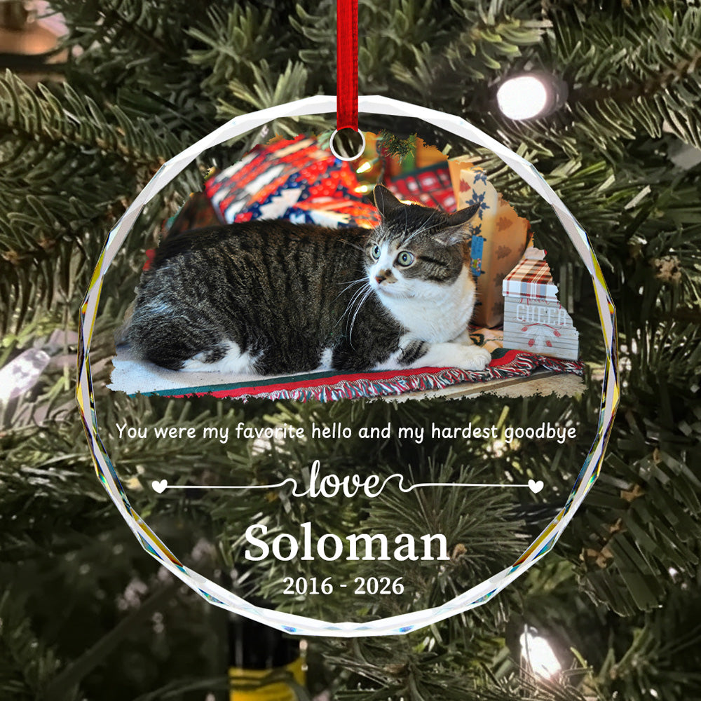 Round Glass Pet Memorial Ornament with Photo, Name & Memorial Quote