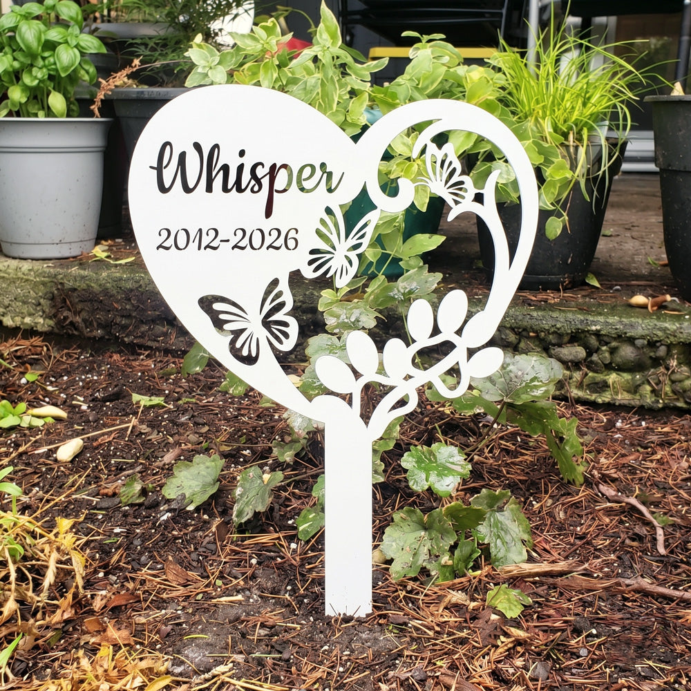 Custom Butterfly Heart Paw Print Pet Memorial Stake Grave Marker